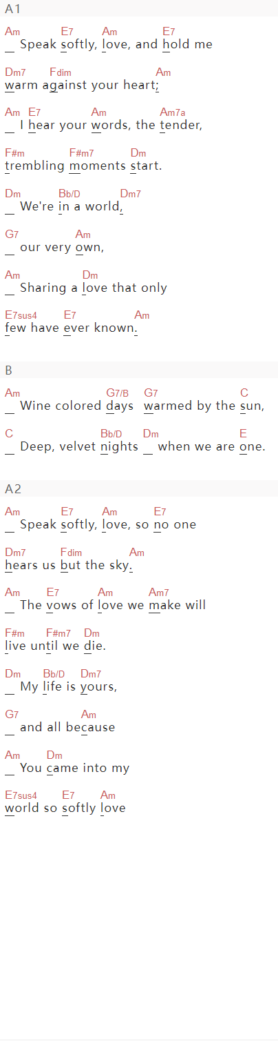 Andy William《Speak Softly love》吉他谱C调和弦谱(txt)1