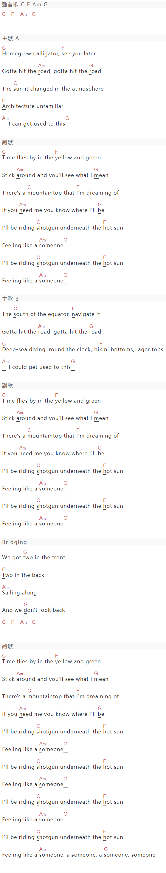 George Ezra《Shotgun》吉他谱C调和弦谱(txt)1