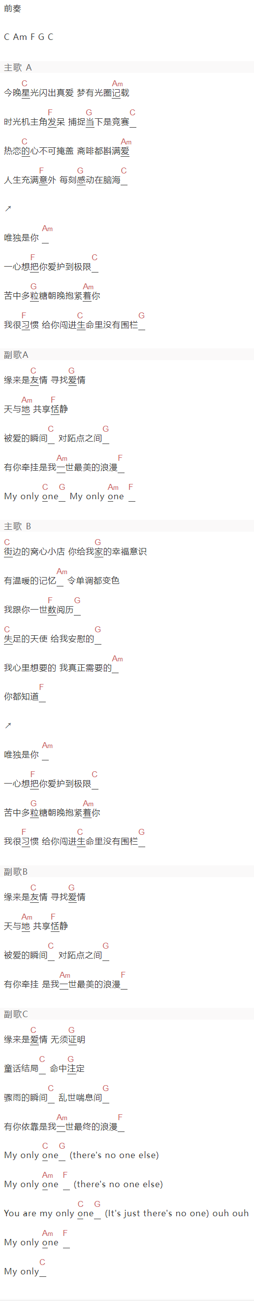 郑中基《My only one》吉他谱C调和弦谱(txt)1
