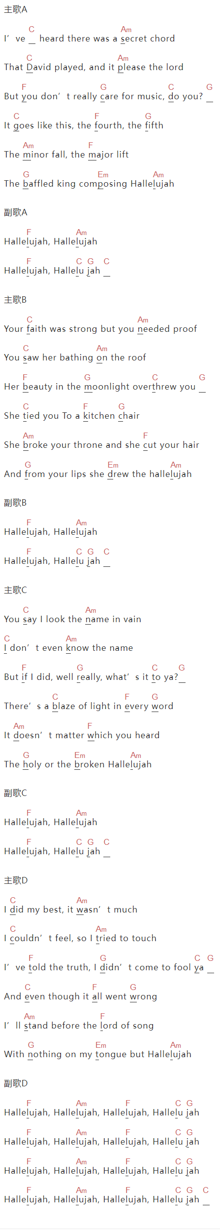 Leonard Cohen《Hallelujah 哈利路亚》吉他谱C调和弦谱(txt)1