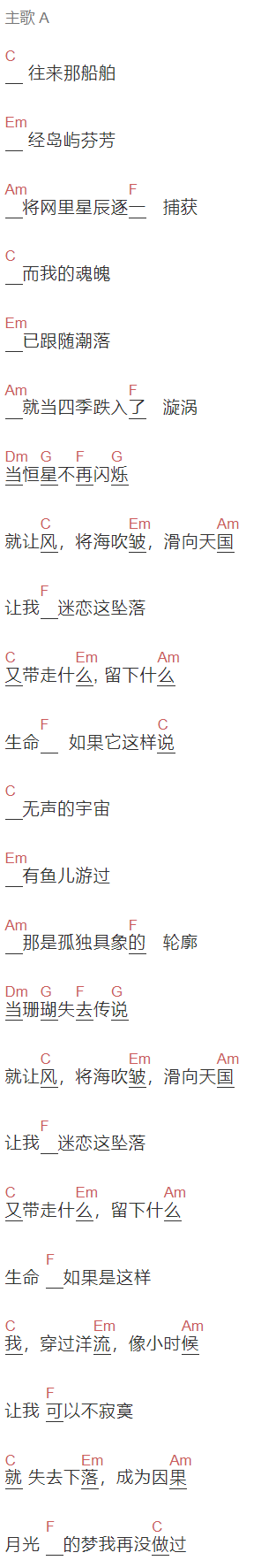昨夜派对《鲸落》吉他谱C调和弦谱(txt)1