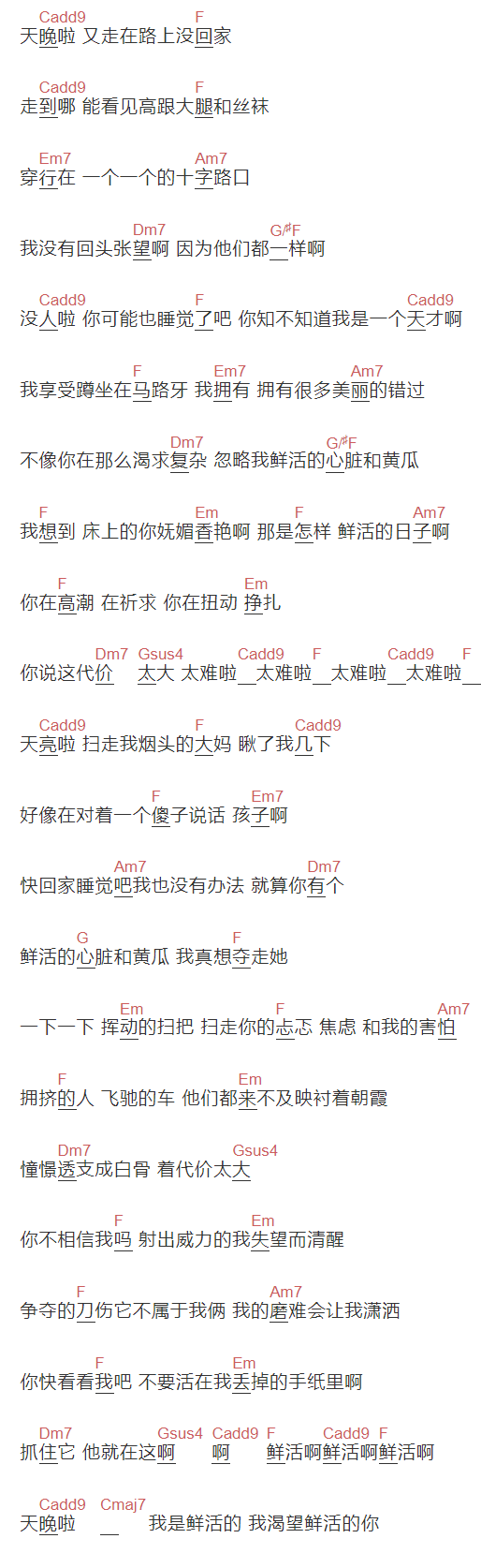 马雨阳《鲜活》吉他谱C调六线谱(图)1