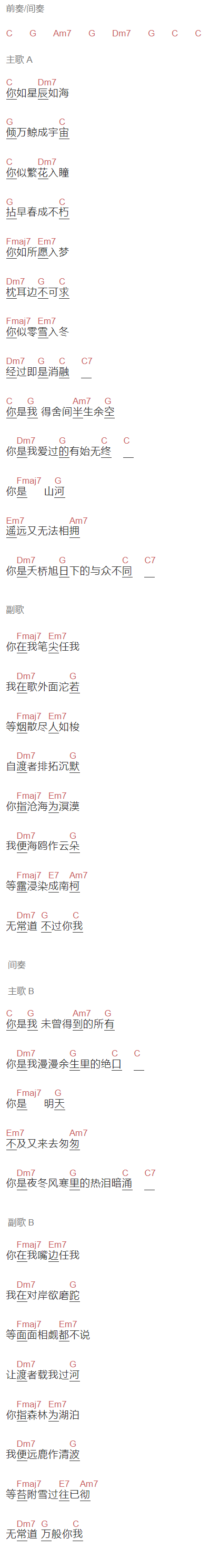尚东峰《鱼辞》吉他谱C调和弦谱(txt)1