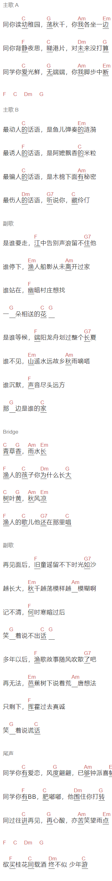 石林《鱼米》吉他谱C调和弦谱(txt)1