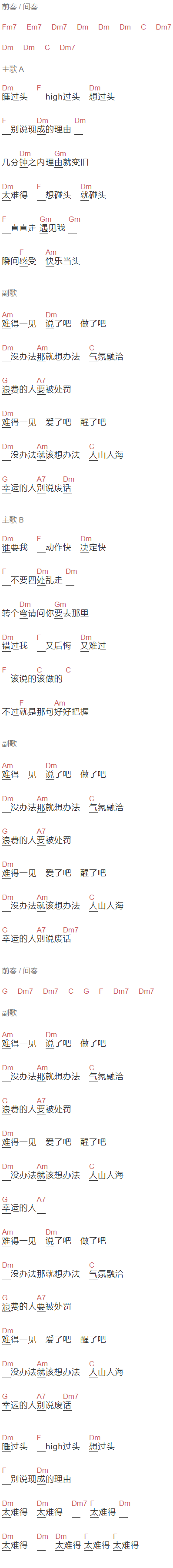 孙燕姿《难得一见》吉他谱C调和弦谱(txt)1