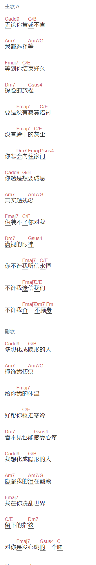 孙燕姿《隐形人》吉他谱C调和弦谱(txt)1
