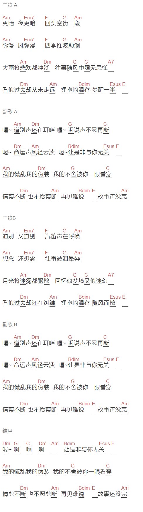 周深《随风》吉他谱C调和弦谱(txt)1