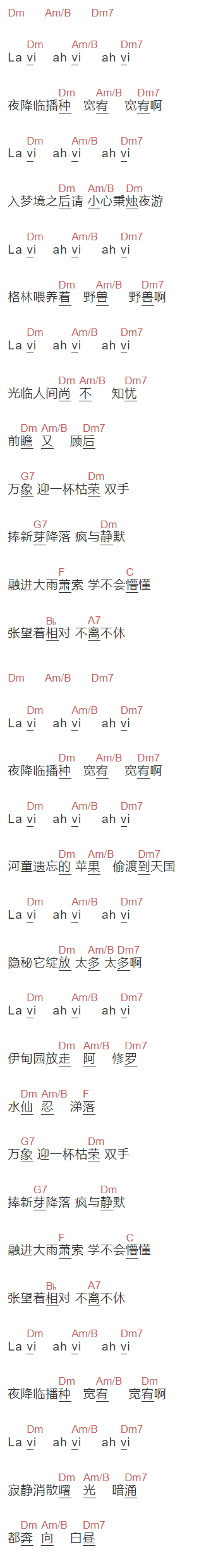 华晨宇《降临》吉他谱C调和弦谱(txt)1