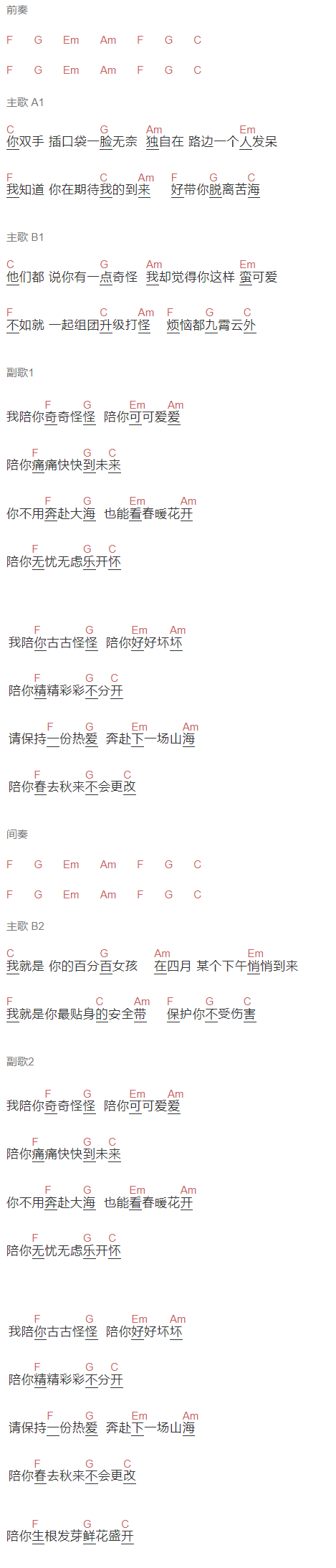 爱朵女孩《陪你奇奇怪怪 陪你可可爱爱》吉他谱C调和弦谱(txt)1