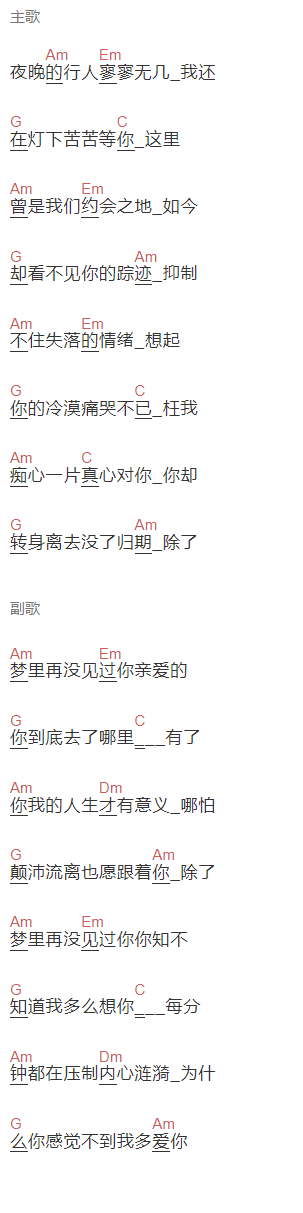 赵洋《除了梦里再没见过你》吉他谱C调和弦谱(txt)1