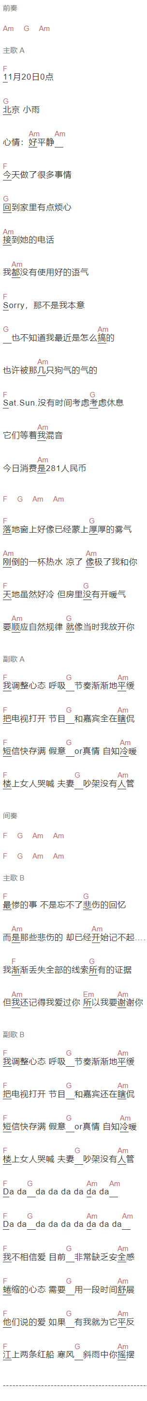 许嵩《降温》吉他谱C调和弦谱(txt)1