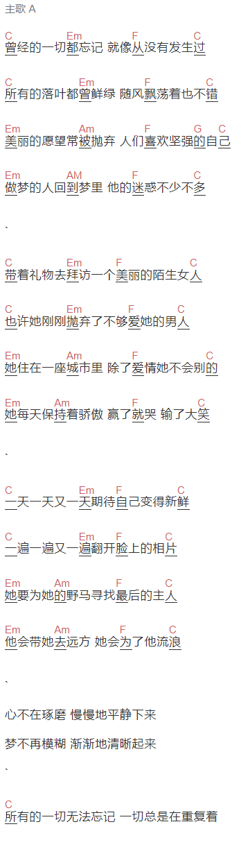 茉莉僧《陌生的女人》吉他谱C调和弦谱(txt)1
