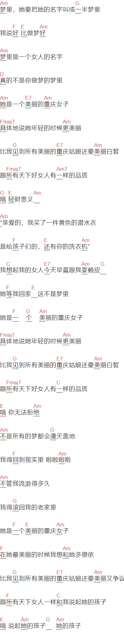 左小祖咒《重庆女人》吉他谱C调和弦谱(txt)1