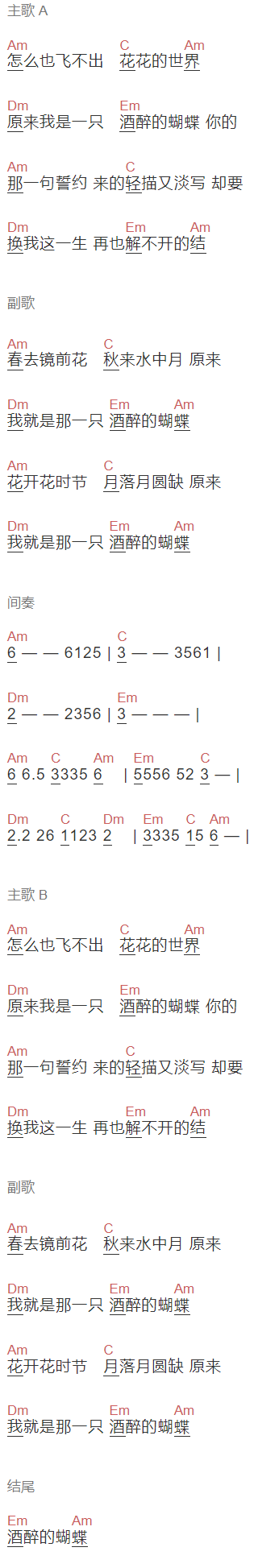 崔伟立《醉酒的蝴蝶》吉他谱C调和弦谱(txt)1
