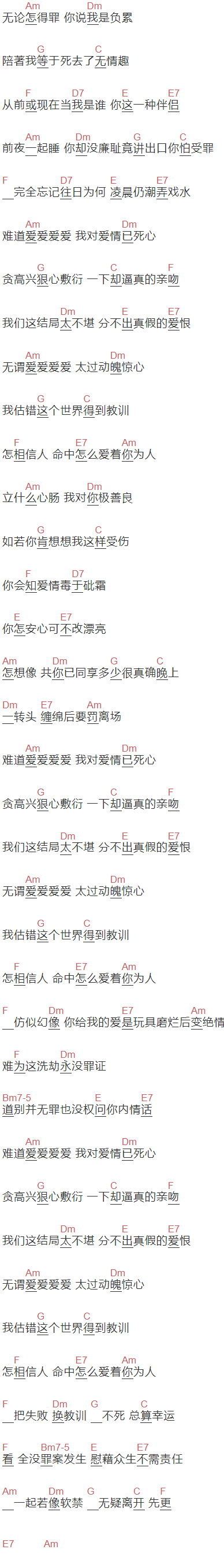 张敬轩《酷爱》吉他谱C调和弦谱(txt)1