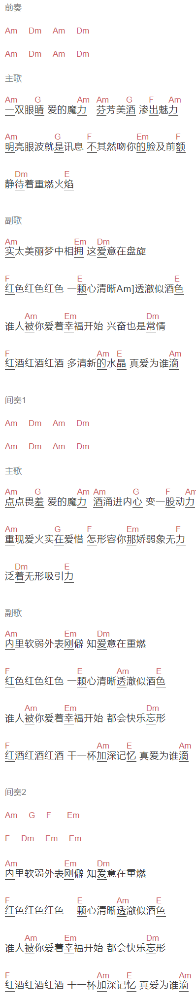 谭咏麟《酒红色的心》吉他谱C调和弦谱(txt)1