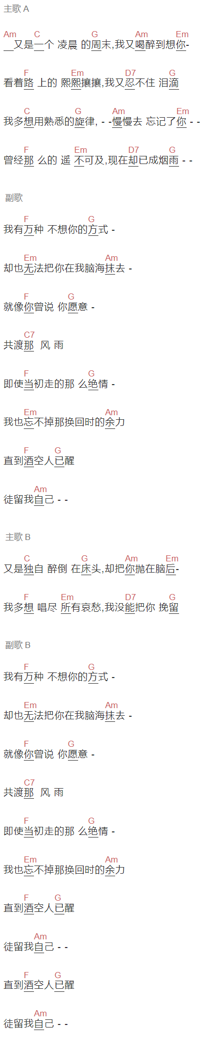 李冠霖《酒空人醒》吉他谱C调和弦谱(txt)1