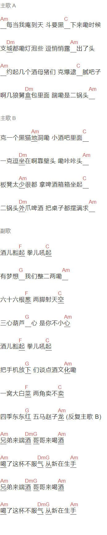 颜绍俊《酒儿喝起》吉他谱C调和弦谱(txt)1