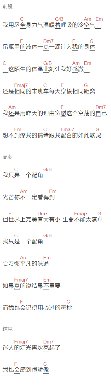 曹轩宾《配角》吉他谱C调和弦谱(txt)1