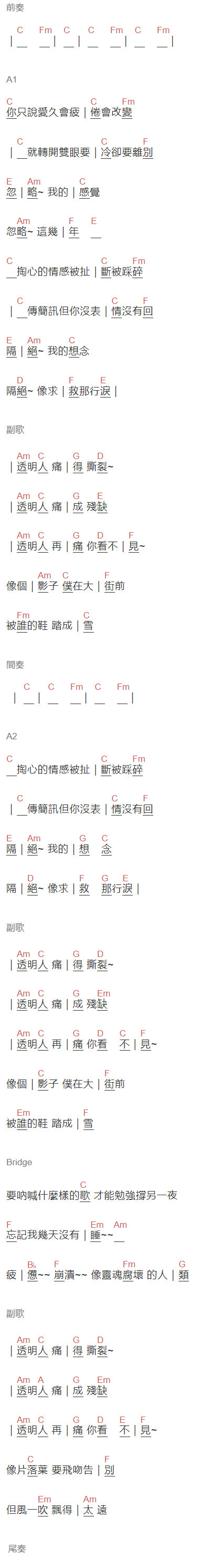 黃靖倫《透明人》吉他谱C调和弦谱(txt)1
