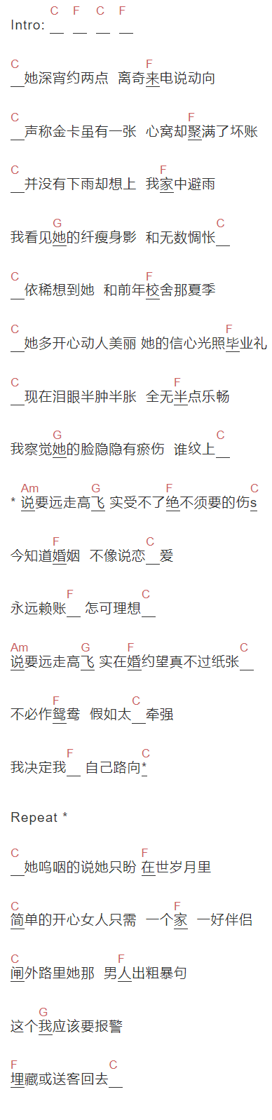 张学友《逃亡》吉他谱C调和弦谱(txt)1