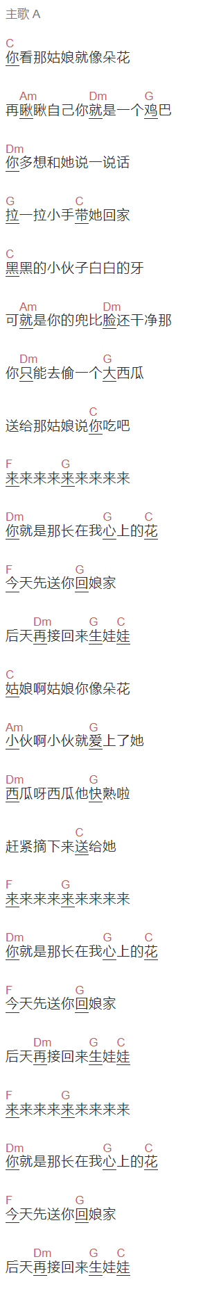 花粥《送你一个大西瓜》吉他谱C调和弦谱(txt)1