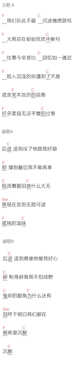 蒋家驹《退》吉他谱C调和弦谱(txt)1