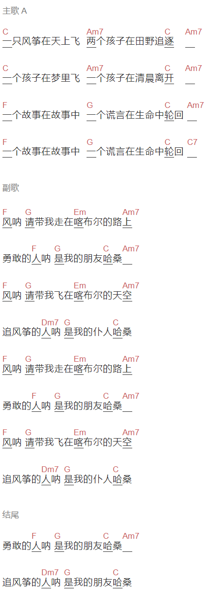 王喂马《追风筝的人》吉他谱C调和弦谱(txt)1