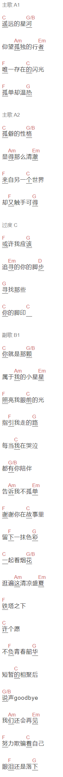 逸柠柚茶风《远方的风》吉他谱C调和弦谱(txt)1