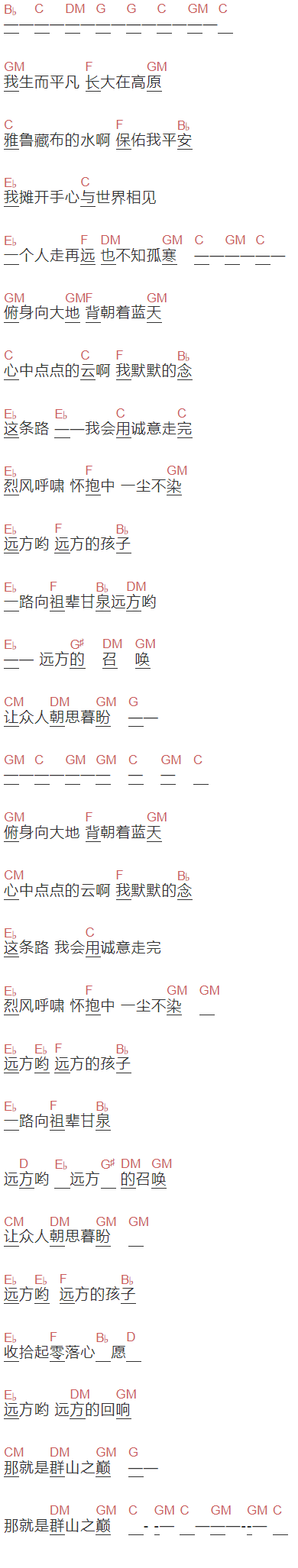 韩红《远方的孩子》吉他谱C调和弦谱(txt)1