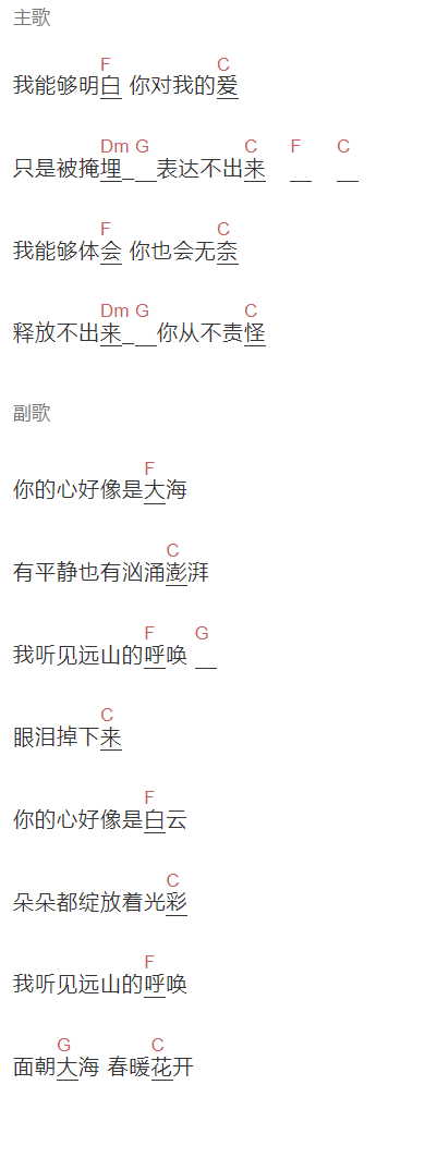 末小皮《远山》吉他谱C调和弦谱(txt)1