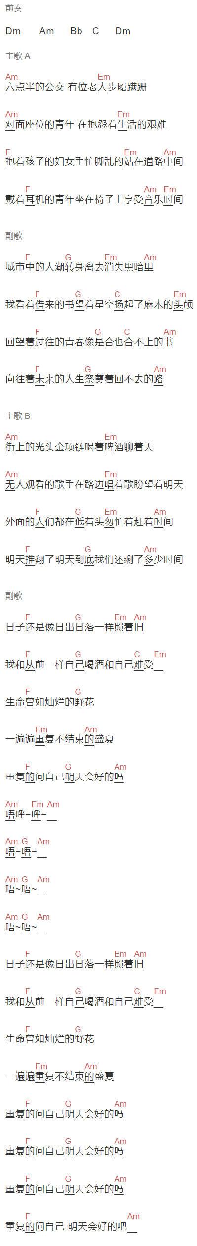 解忧邵帅《解忧》吉他谱C调和弦谱(txt)1