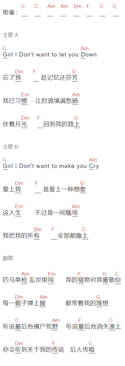 李汶峰《西部猎人》吉他谱C调和弦谱(txt)1