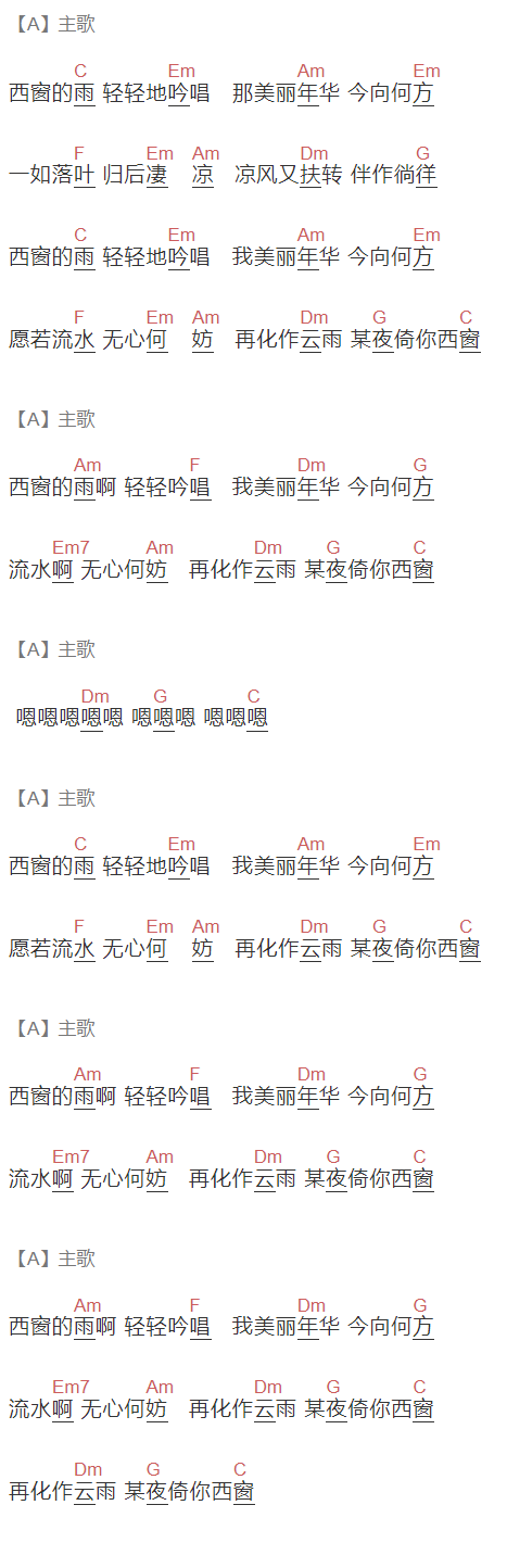 好妹妹《西窗的雨》吉他谱C调和弦谱(txt)1