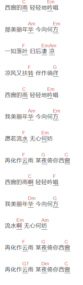 好妹妹乐队《西窗》吉他谱C调和弦谱(txt)1