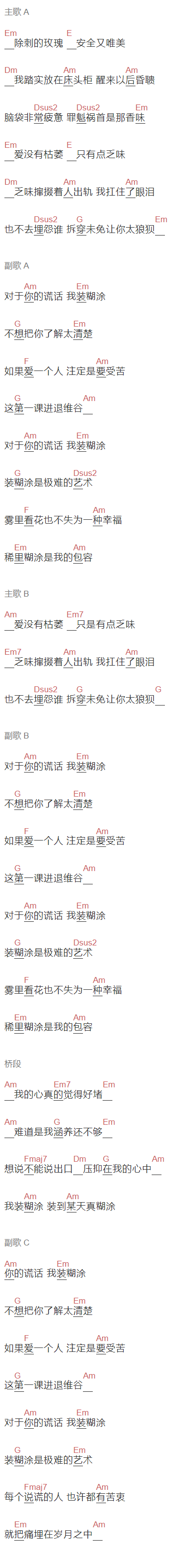 许嵩《装糊涂》吉他谱C调和弦谱(txt)1