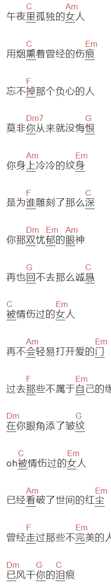黑龙《被情伤过的女人》吉他谱C调和弦谱(txt)1