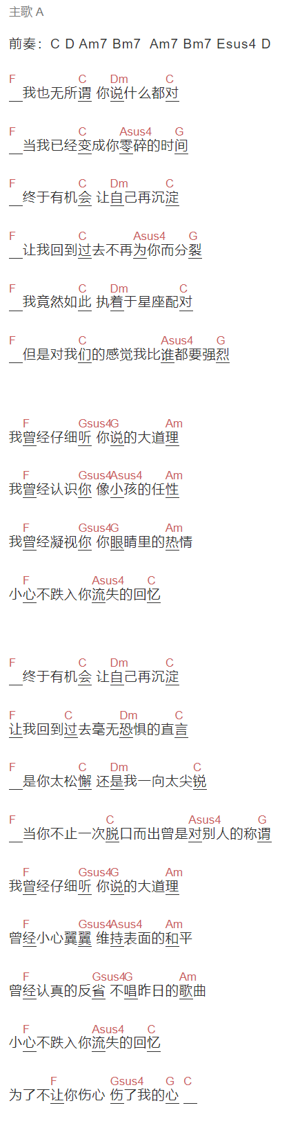 陈绮贞《表面的和平》吉他谱C调和弦谱(txt)1