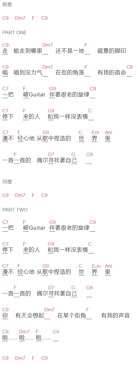迪克牛仔《街角的guitar man》吉他谱C调和弦谱(txt)1