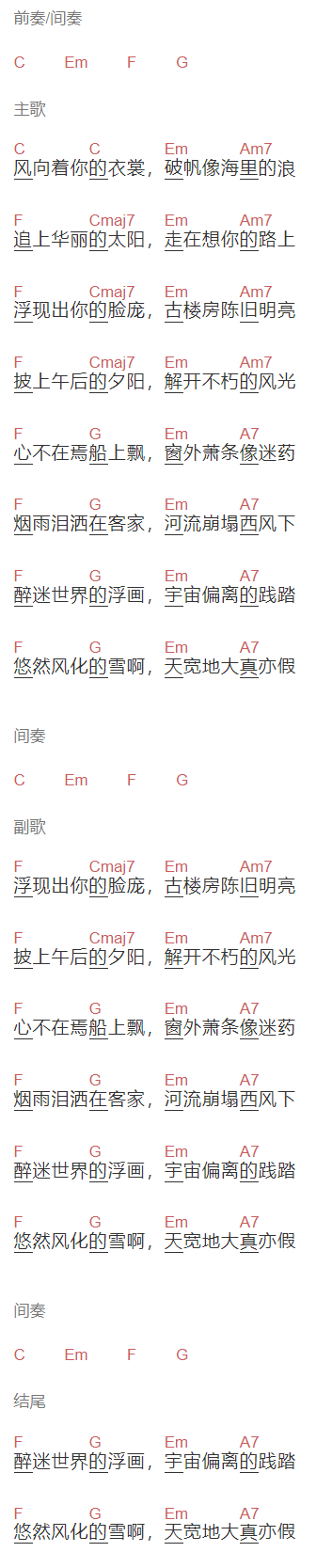 Jam《虚度年华》吉他谱C调和弦谱(txt)1