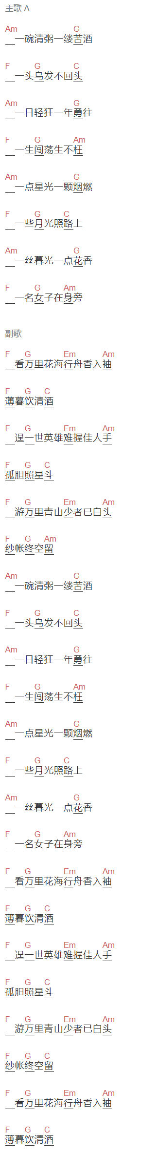 邹南归《薄暮酒》吉他谱C调和弦谱(txt)1