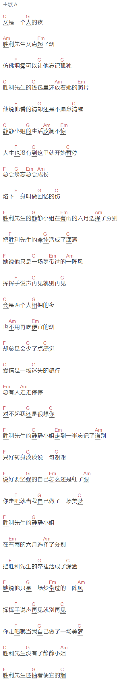 陶玖《胜利先生的静静小姐》吉他谱C调和弦谱(txt)1