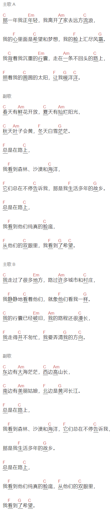杨梓桐《背包客》吉他谱C调和弦谱(txt)1