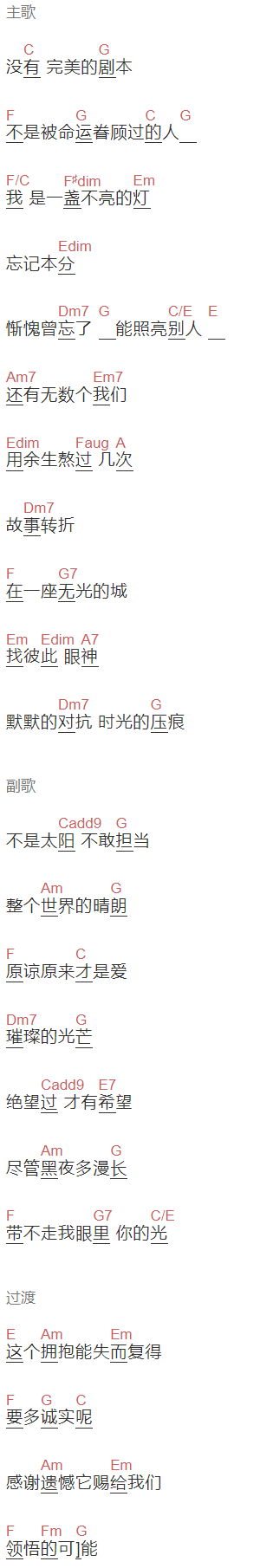 杨宗纬《背光》吉他谱C调和弦谱(txt)1