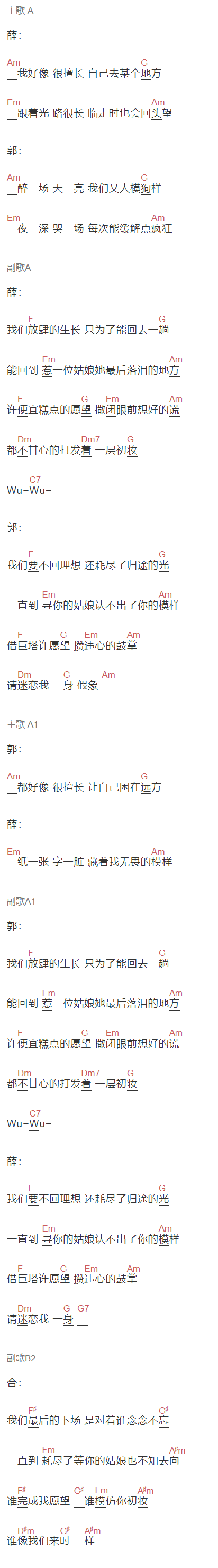 薛之谦,郭聪明《耗尽》吉他谱C调和弦谱(txt)1