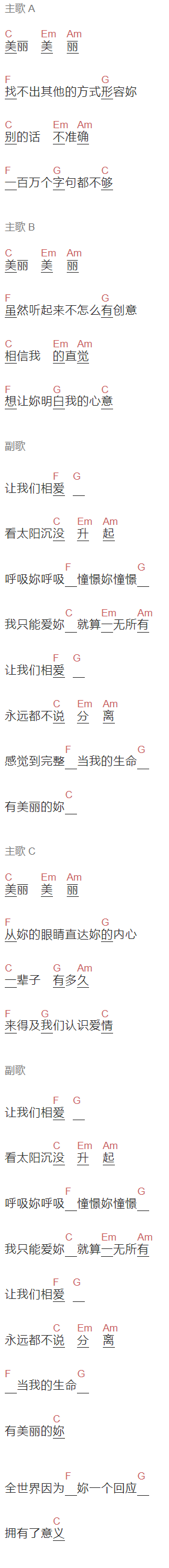 王大文《美丽》吉他谱C调和弦谱(txt)1