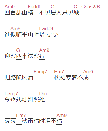 宁夏《秋雨晴时》吉他谱C调和弦谱(txt)1