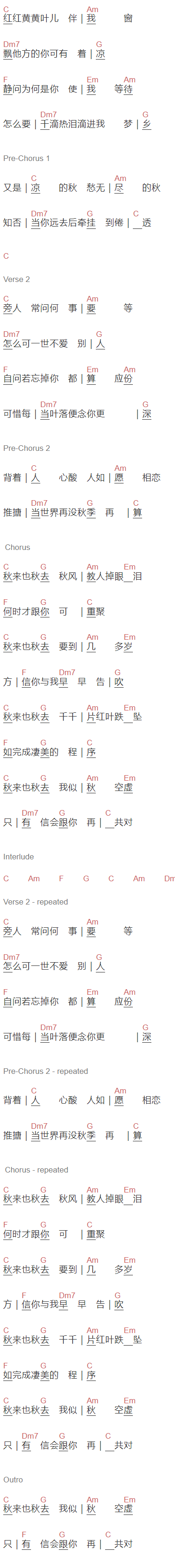 叶倩文《秋来秋去》吉他谱C调和弦谱(txt)1