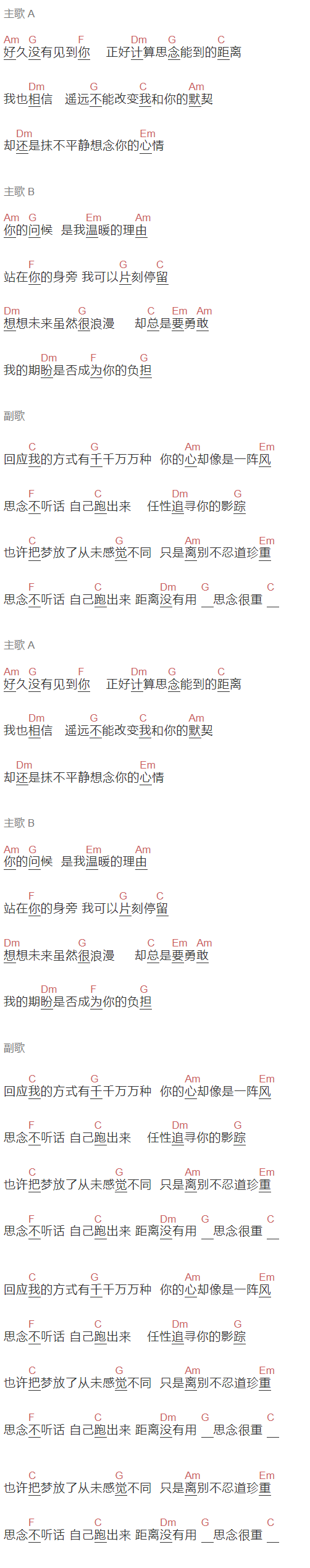 何炅《离思》吉他谱C调和弦谱(txt)1