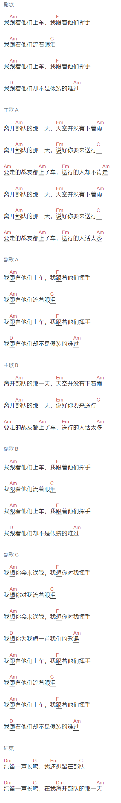 小曾《离开部队的那一天》吉他谱C调和弦谱(txt)1
